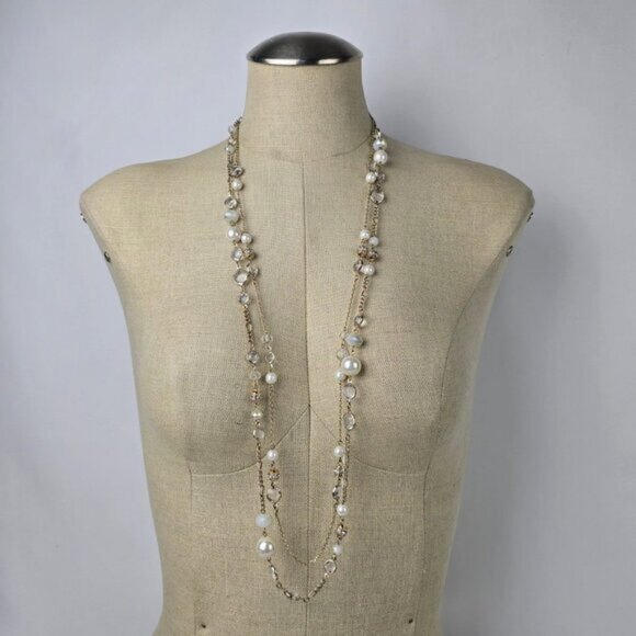 Ann Taylor Gold Tone Faux Pearl Layered Chain Long Necklace - Picture 1 of 5